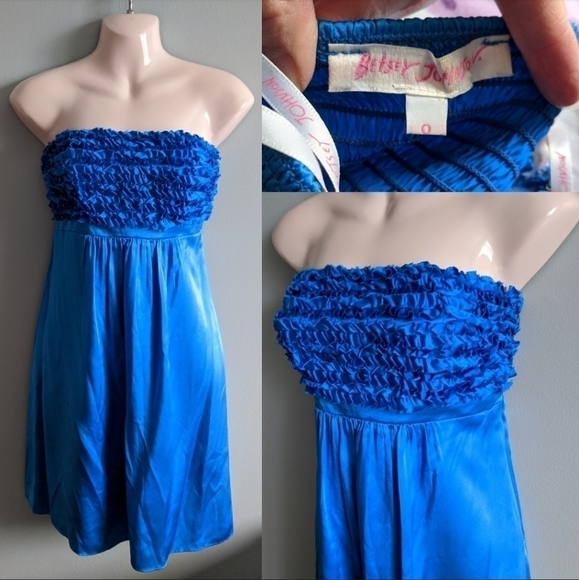 💋 Vintage BETSEY JOHNSON blue frilly babydoll strapless dress xs 0 satin - Picture 2 of 9